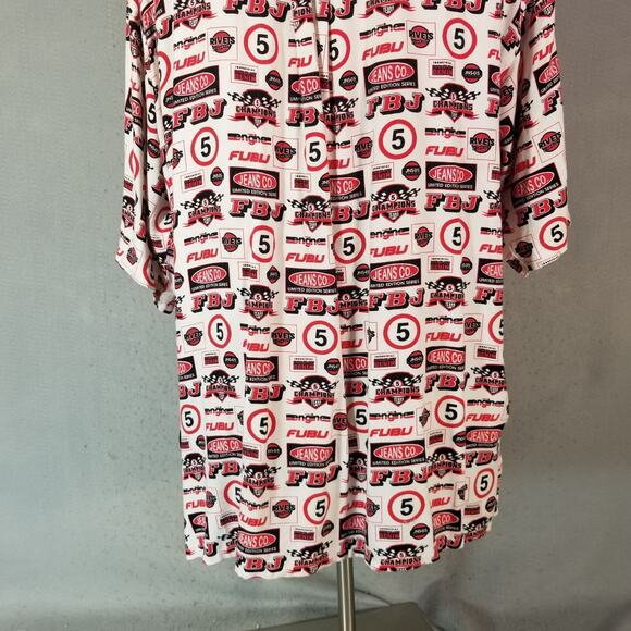 FUBU shirt men's large white button up short sleeve all over print Y2K Hip Hop - Picture 11 of 12